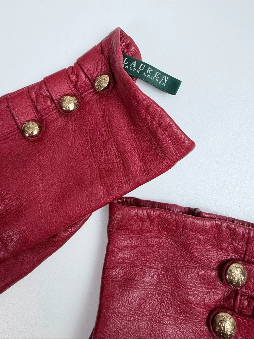 Lauren Ralph Lauren Vintage Red Leather Gloves Size Large Gold Button Details